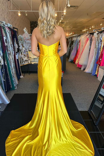 Yellow Strapless Mermaid Pleated Long Prom Dress