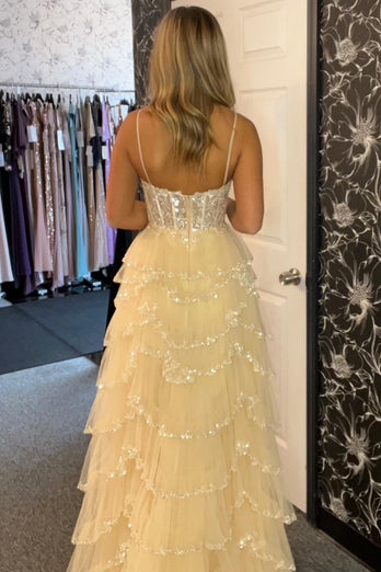 Sparkly Beige Corset Tiered Long Prom Dress with Slit