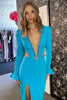 Load image into Gallery viewer, Sparkly Blue Beaded V-Neck Long Prom Dress with Sleeves