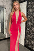 Load image into Gallery viewer, Hot Pink Mermaid Halter V-Neck Long Prom Dress with Lace