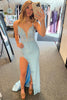 Load image into Gallery viewer, Sparkly Blue Corset Spaghetti Straps Long Prom Dress with Appliques