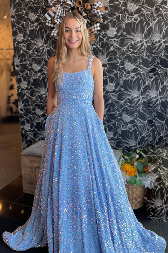 Sparkly Blue Spaghetti Straps A-Line Long Prom Dress