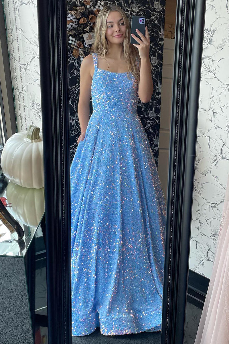 Load image into Gallery viewer, Sparkly Blue Spaghetti Straps A-Line Long Prom Dress