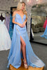 Load image into Gallery viewer, Sparkly Light Blue Beaded Long Prom Dress with Slit