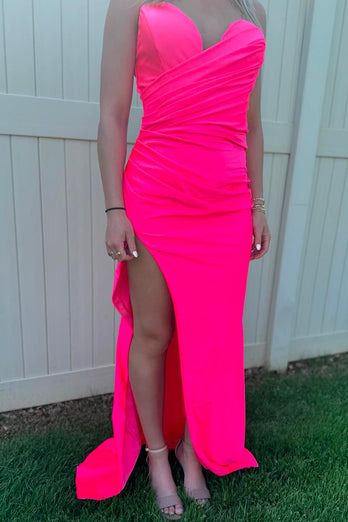 Hot Pink Mermaid Strapless Ruched Long Prom Dress