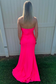 Hot Pink Mermaid Strapless Ruched Long Prom Dress