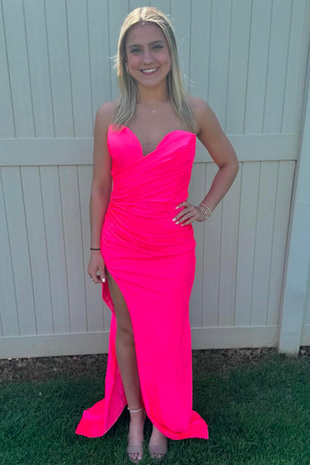 Hot Pink Mermaid Strapless Ruched Long Prom Dress