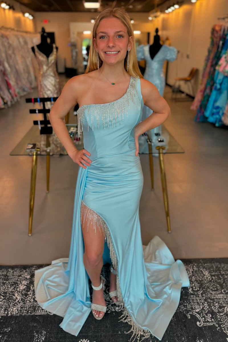 Load image into Gallery viewer, Sparkly Light Blue One Shoulder Long Prom Dress with Fringes