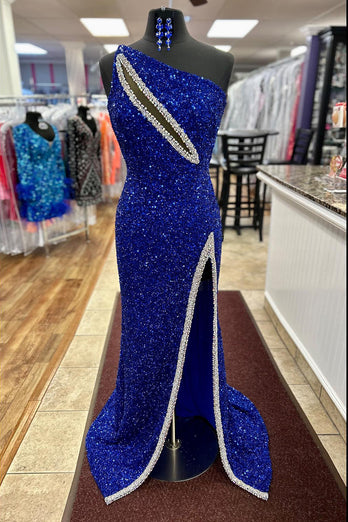 Sparkly Royal Blue One Shoulder Long Prom Dress with Slit