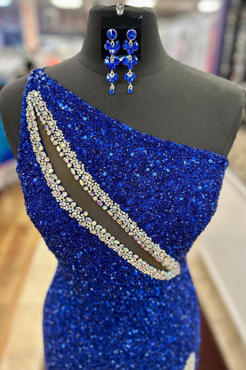 Sparkly Royal Blue One Shoulder Long Prom Dress with Slit