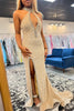 Load image into Gallery viewer, Sparkly Champagne Halter Sequins Long Prom Dress with Slit