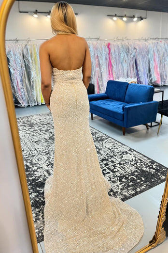 Sparkly Champagne Halter Sequins Long Prom Dress with Slit