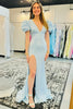 Load image into Gallery viewer, Sparkly Blue Puff Sleeves Long Prom Dress with Slit