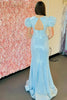 Load image into Gallery viewer, Sparkly Blue Puff Sleeves Long Prom Dress with Slit