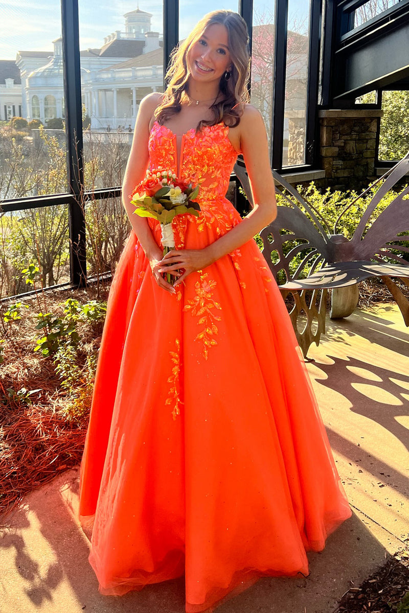 Load image into Gallery viewer, Sparkly Orange Corset A-Line Long Prom Dress with Appliques