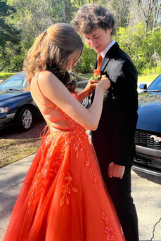 Sparkly Orange Corset A-Line Long Prom Dress with Appliques