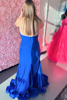 Royal Blue Halter Mermaid Long Satin Prom Dress