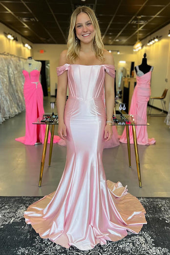 Light Pink Corset Off The Shoulder Long Satin Prom Dress