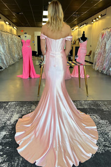 Light Pink Corset Off The Shoulder Long Satin Prom Dress