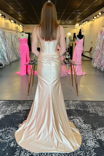 Champagne Corset Spaghetti Straps Long Satin Prom Dress