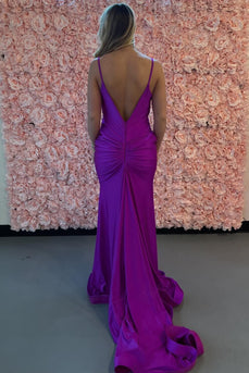 Purple Backless Spaghetti Straps Long Satin Prom Dress