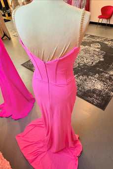 Sparkly Fuchsia Corset Ruched Long Prom Dress with Beading