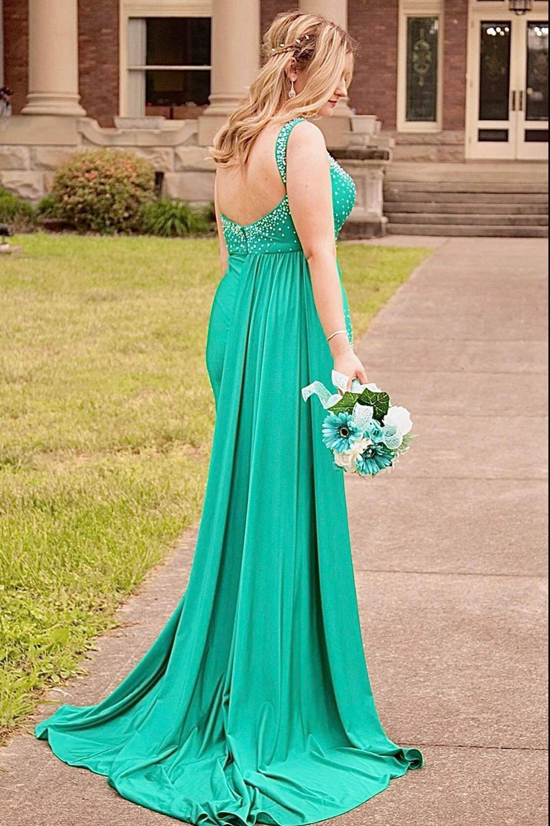 Load image into Gallery viewer, Sparkly Green Beaded Spaghetti Straps Long Prom Dress with Slit