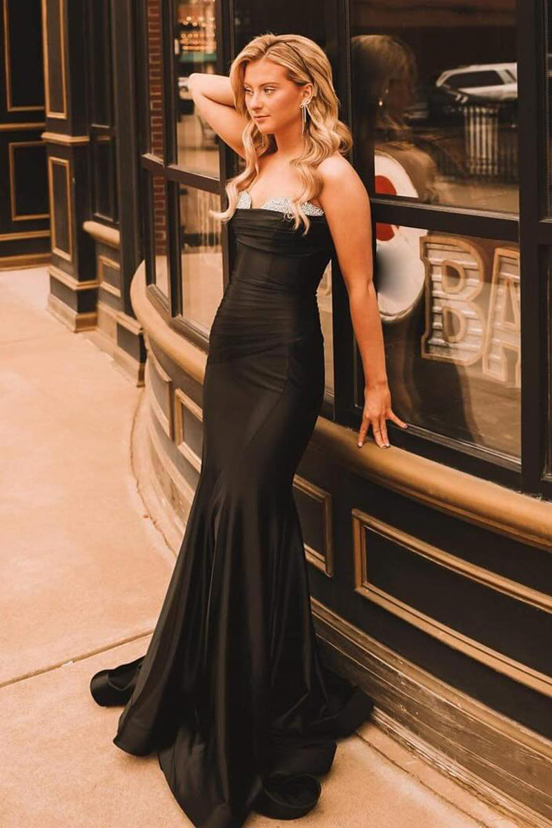 Load image into Gallery viewer, Sparkly Black Strapless Mermaid Long Prom Dress with Beading