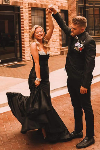 Sparkly Black Strapless Mermaid Long Prom Dress with Beading