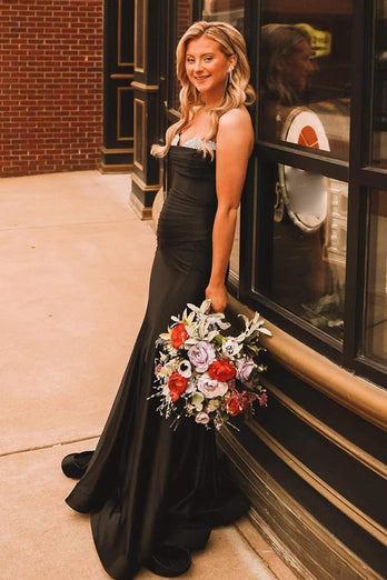 Sparkly Black Strapless Mermaid Long Prom Dress with Beading