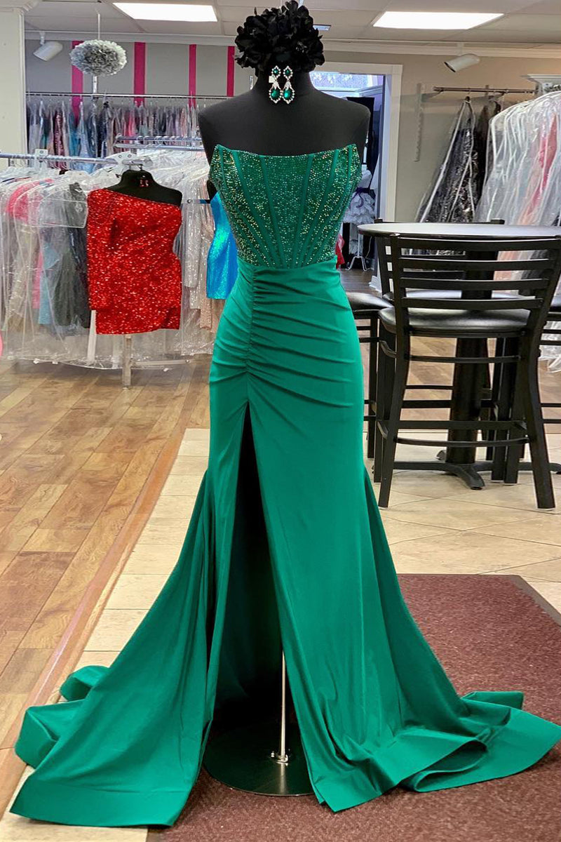 Load image into Gallery viewer, Sparkly Emerald Green Strapless Long Prom Dress with Beading