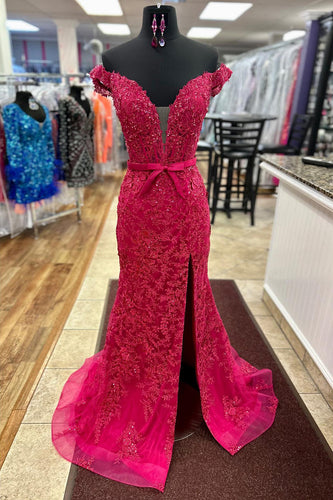 Sparkly Fuchsia Corset Appliqued Long Prom Dress with Slit