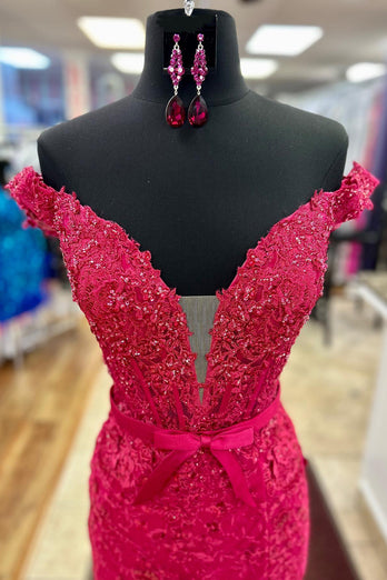 Sparkly Fuchsia Corset Appliqued Long Prom Dress with Slit