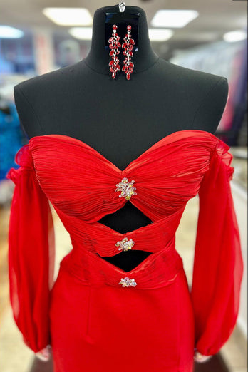 Sparkly Red Off The Shoulder Long Prom Dress with Sleeves