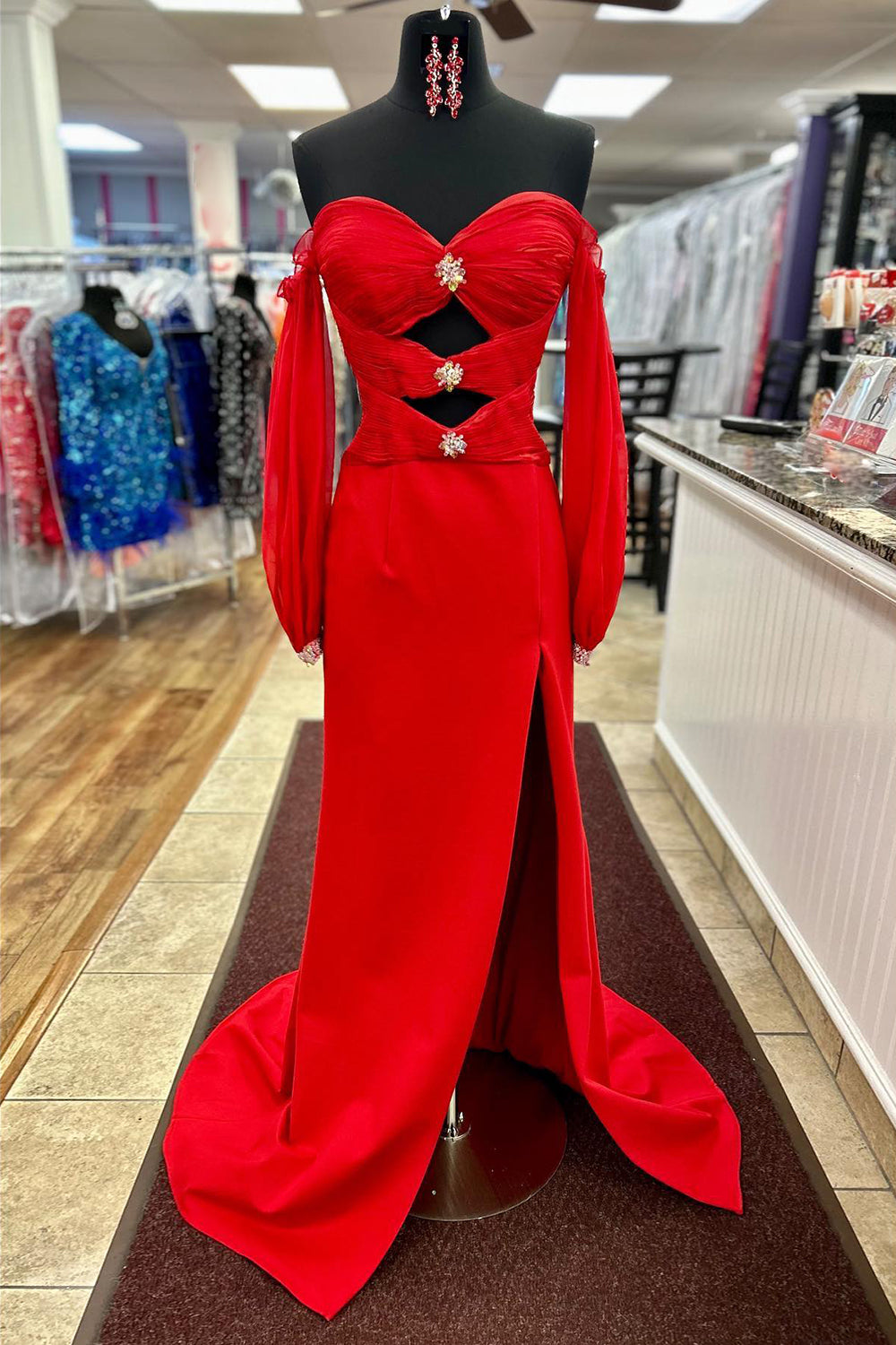 Sparkly Red Off The Shoulder Long Prom Dress with Sleeves