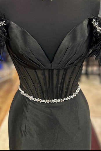 Sparkly Black Corset Beaded Long Prom Dress with Feathers