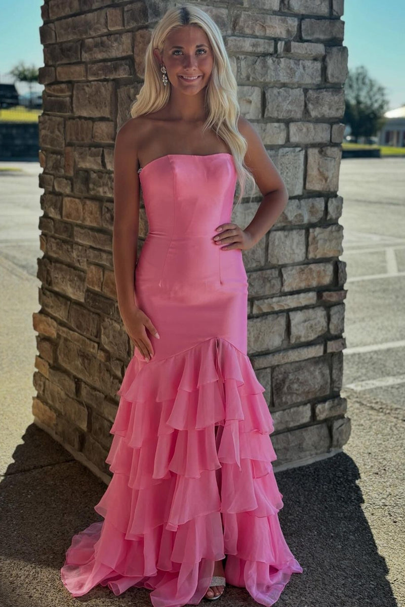 Load image into Gallery viewer, Sparkly Pink Strapless Tiered Mermaid Prom Dress With Slit