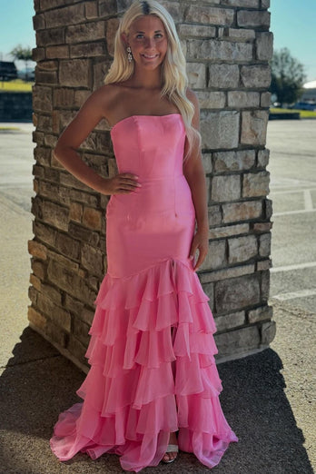 Sparkly Pink Strapless Tiered Mermaid Prom Dress With Slit