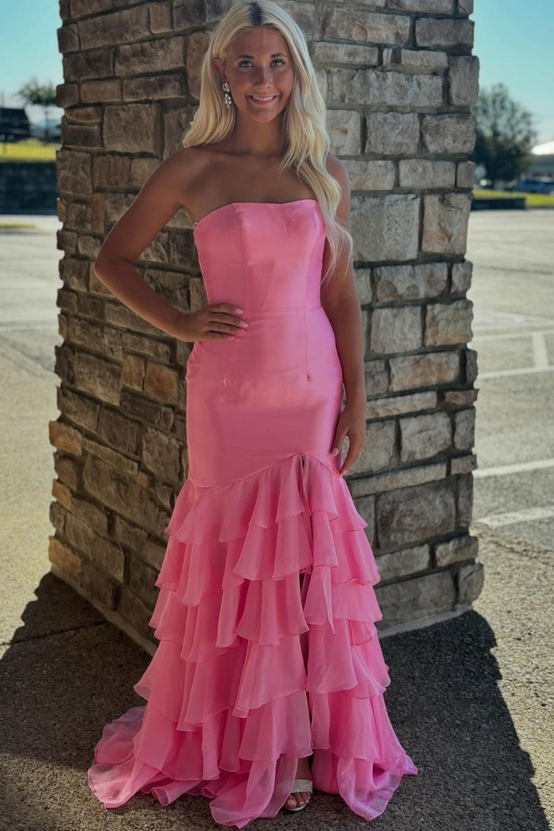 Load image into Gallery viewer, Sparkly Pink Strapless Tiered Mermaid Prom Dress With Slit