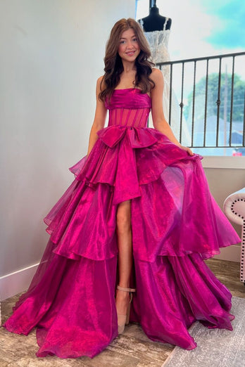 Fuchsia A Line Strapless Corset Tiered Prom Dress With Slit