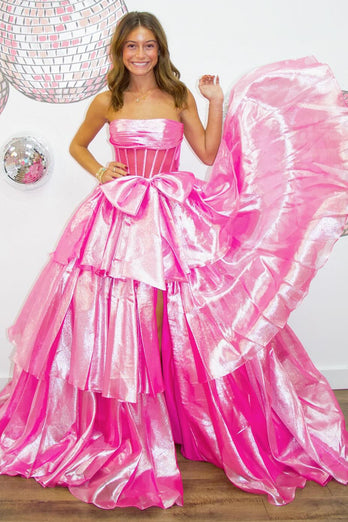 Fuchsia A Line Strapless Corset Tiered Prom Dress With Slit