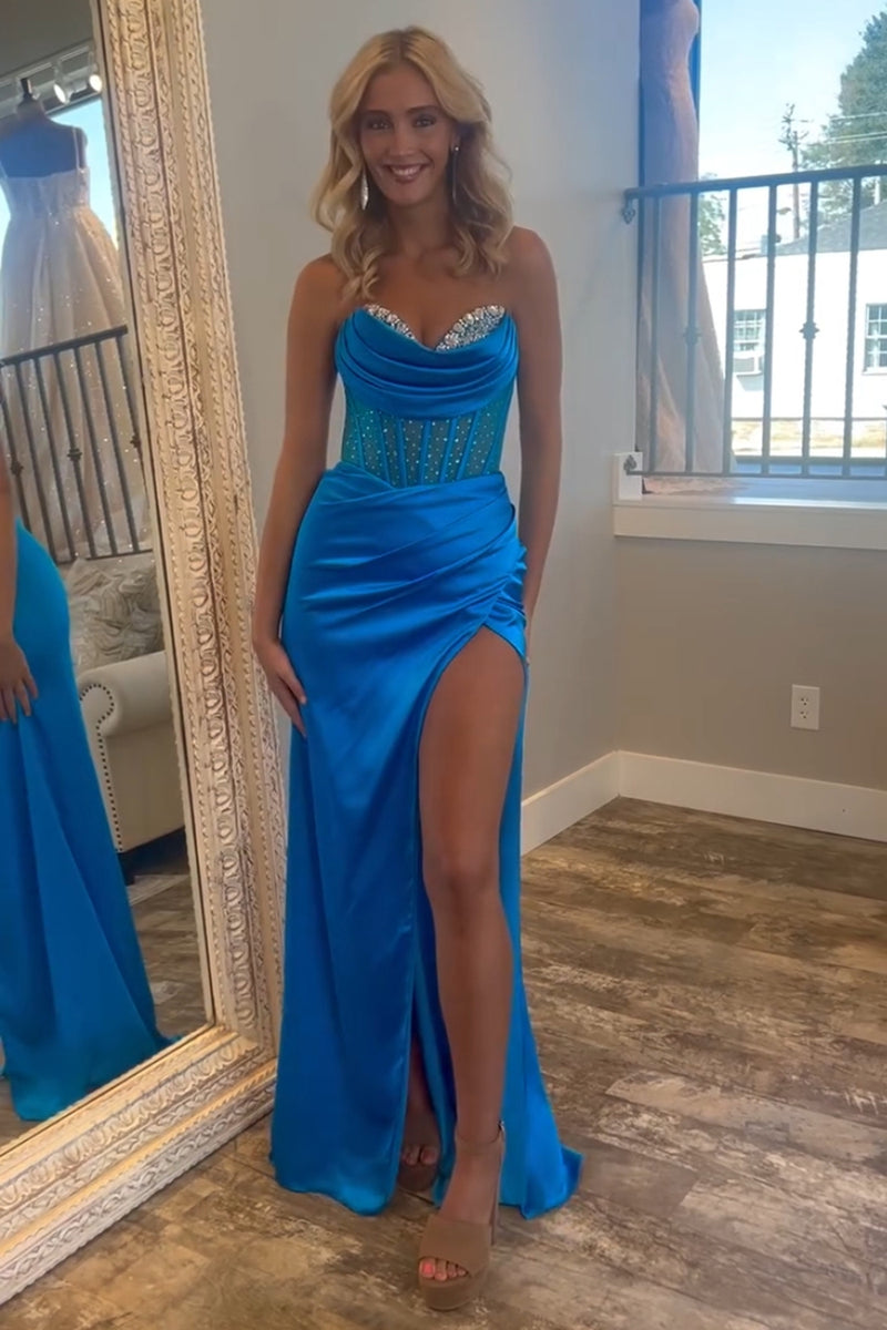 Load image into Gallery viewer, Royal Blue Strapless Mermaid Slit Prom Dress With Beading