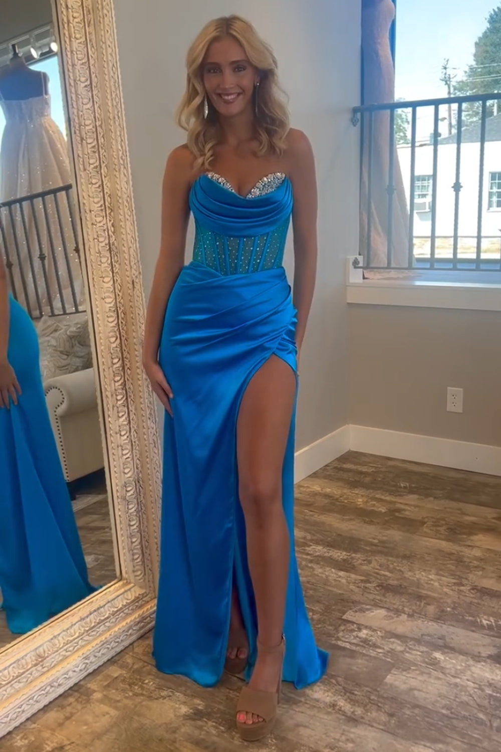 Royal Blue Strapless Mermaid Slit Prom Dress With Beading