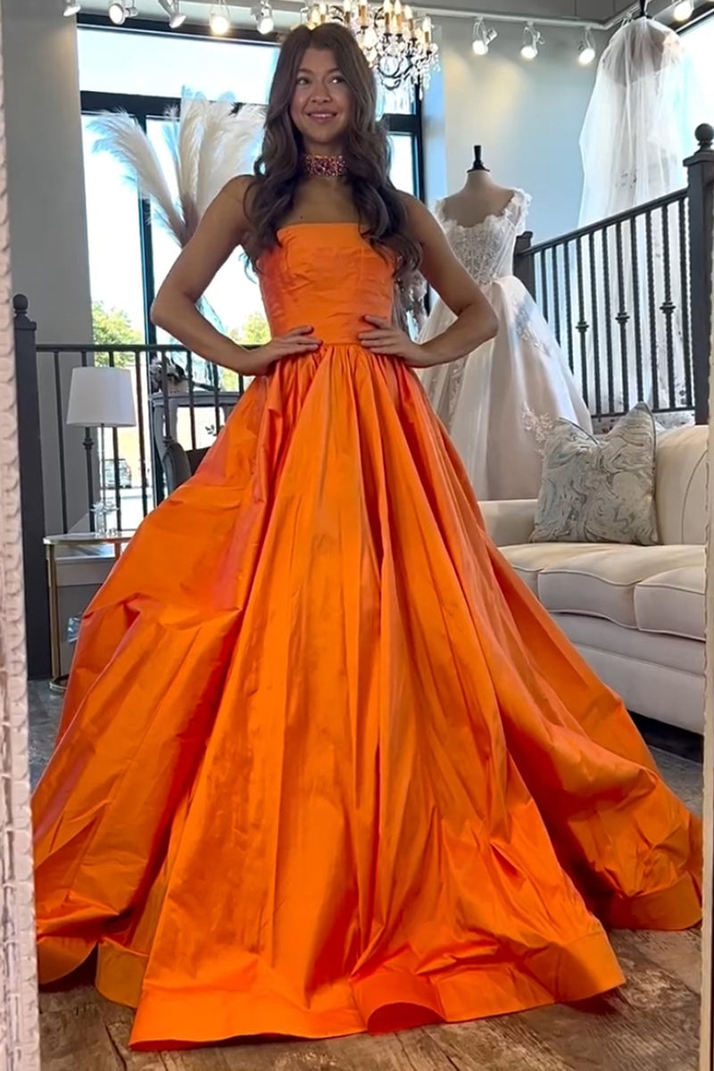 Load image into Gallery viewer, Orange Sparkly A Line Strapless Long Prom Dress