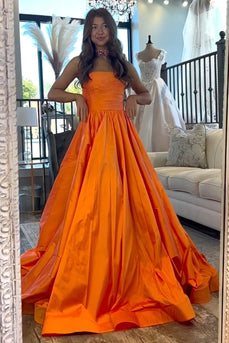 Orange Sparkly A Line Strapless Long Prom Dress