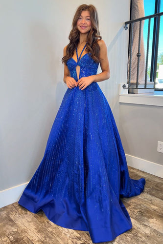 Royal Blue Halter A Line keyhole Prom Dress With Beading