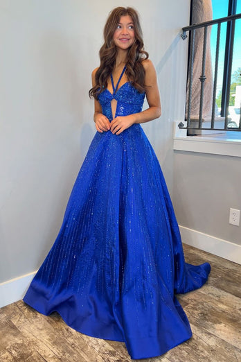 Royal Blue Halter A Line keyhole Prom Dress With Beading