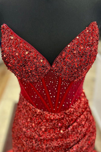 Sparkly Red Corset Sequined Long Prom Dress with Slit