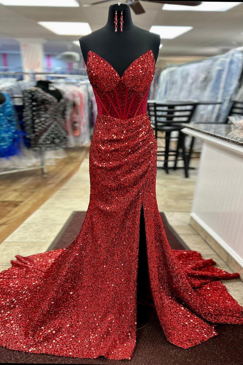 Load image into Gallery viewer, Sparkly Red Corset Sequined Long Prom Dress with Slit