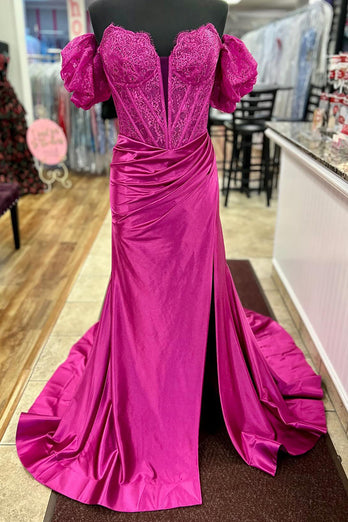 Fuchsia Mermaid Corset Off The Shoulder Long Prom Dress with Slit